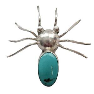 Sterling Silver Turquoise Spider Brooch Pin, Signed Rex